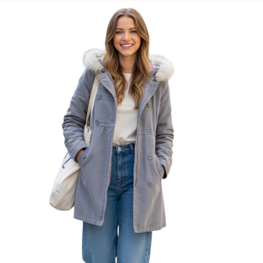 Billabong Vintage Fur Lined‎ Hooded Trench Coat Grey